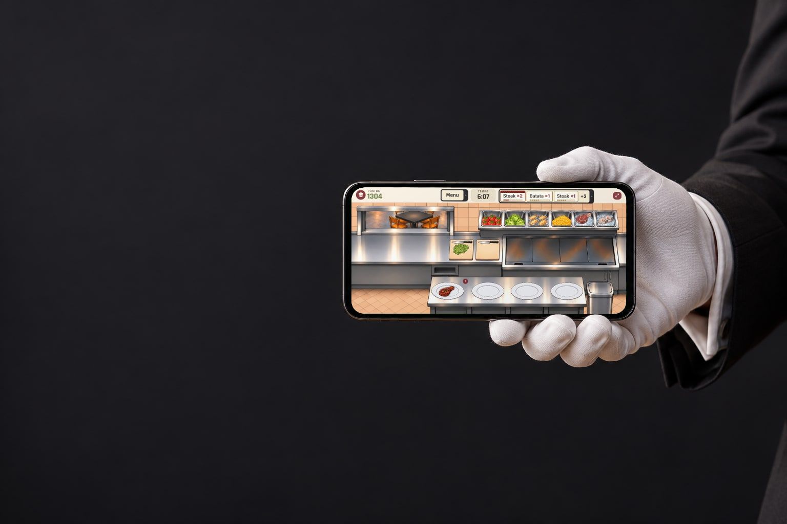 Um garçom de luvas brancas oferece um celular com o jogo aberto na cozinha.